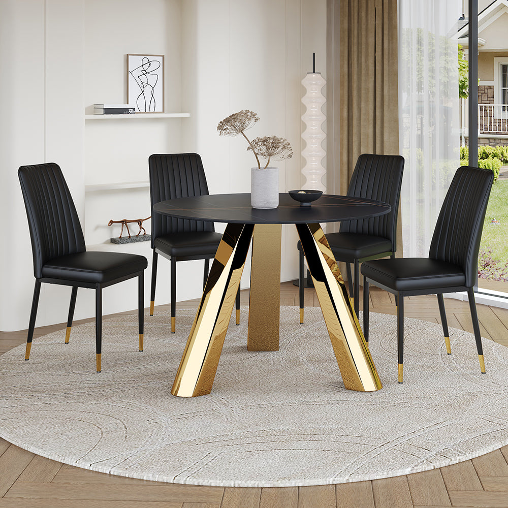 42-inch Sintered Stone Dining Table and Chair Set Mirror-polished Stainless Steel Base 4 Black PU Chairs Modern Luxury Round Dining Table Series
