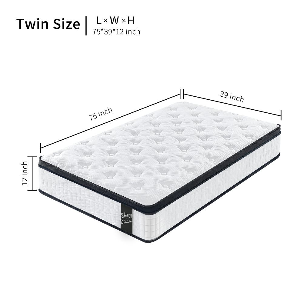 TWIN Size 12 Inch Hybrid Mattress Individual Pocket Spring 7-Zoned Memory Foam Knitted Cover CertiPUR-US White
