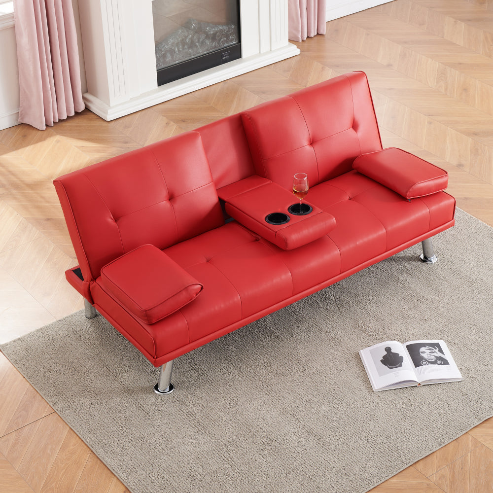 Black Leather Office Double Folding Sofa Bed with Matching Coffee Table, Multifunctional Design