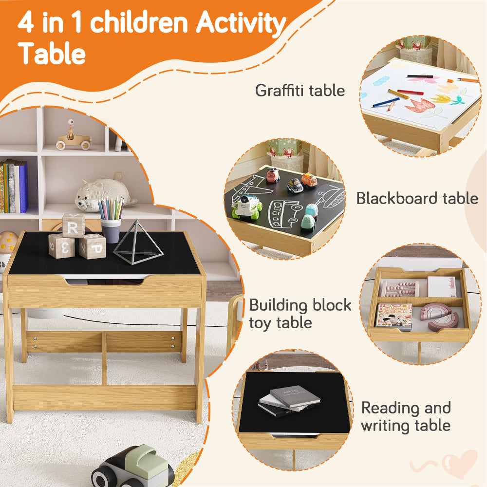 3-in-1 Kids Study Table & Chairs Set - Multi-Functional Activity Table with Detachable Blackboard Top for Drawing/Reading/Play, Durable Engineered Wood (MDF) Nursery Furniture for Toddlers