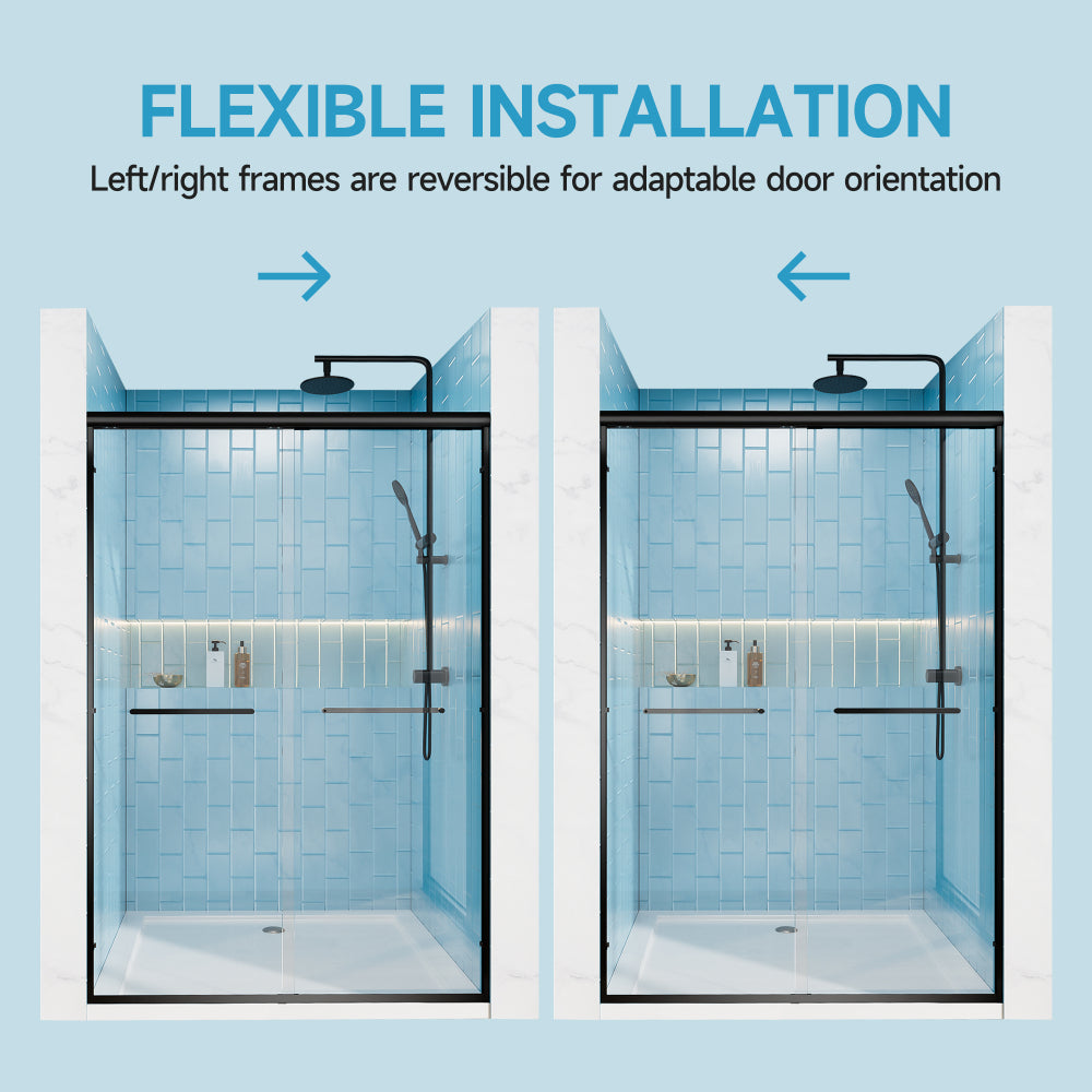 60" W x 72" H Matte Black Aluminum Frame Double Sliding Shower Door with 1/4" (6mm) Nano-Coated Clear Tempered Glass and Dual Stainless Steel Handles