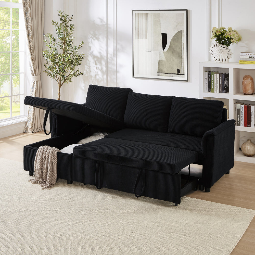 Loveseat Sofa with Chaise Lounge L-Shaped Modular Convertible Sofa with Storage Chaise, Corduroy Tufted Upholstered Sleeper Sectional Sofa,Pull Out Sleep Couch Bed and Reclining Backrest-Black
