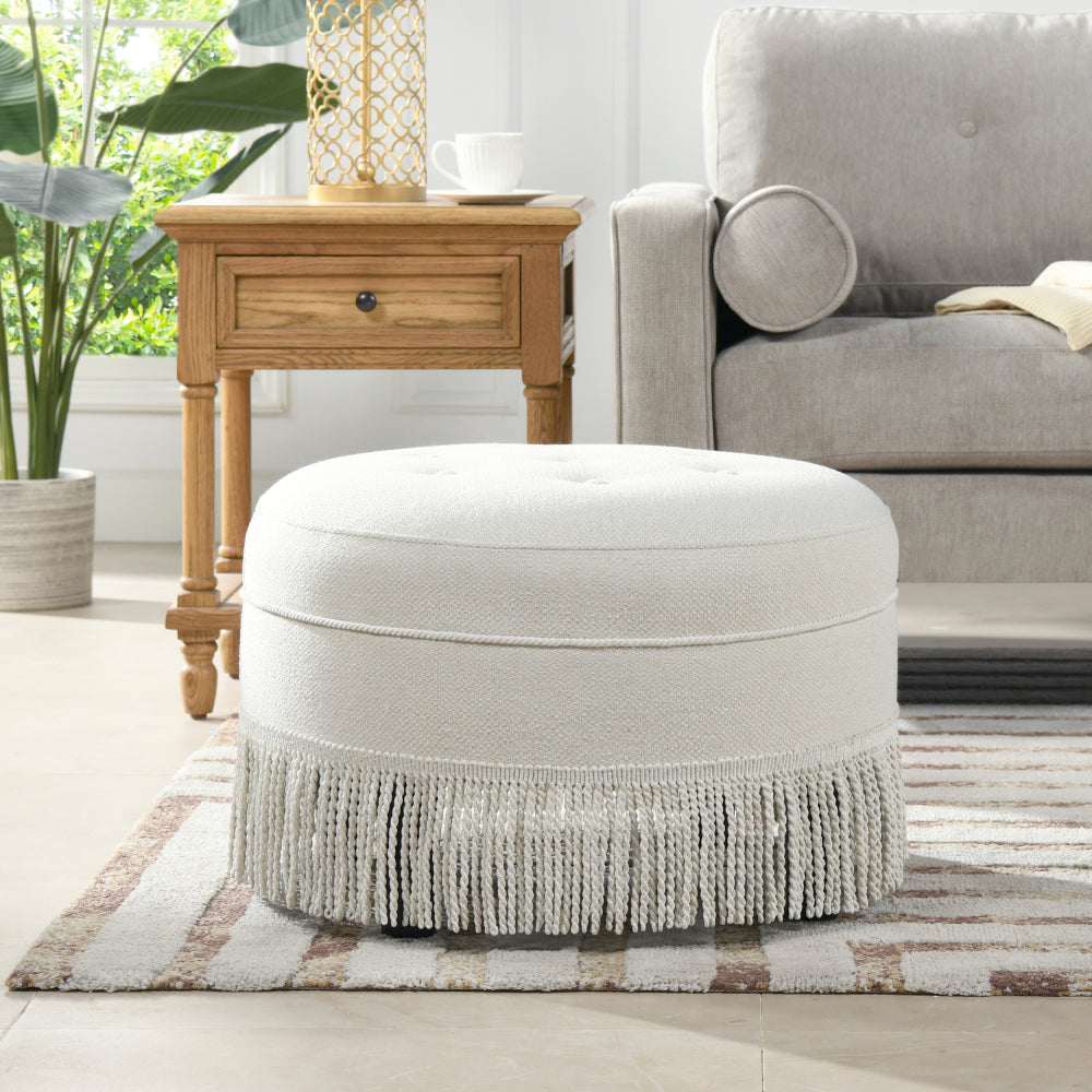Yolanda 24" Round Upholstered Accent Ottoman, Peach Orange Velvet with Gold Trim