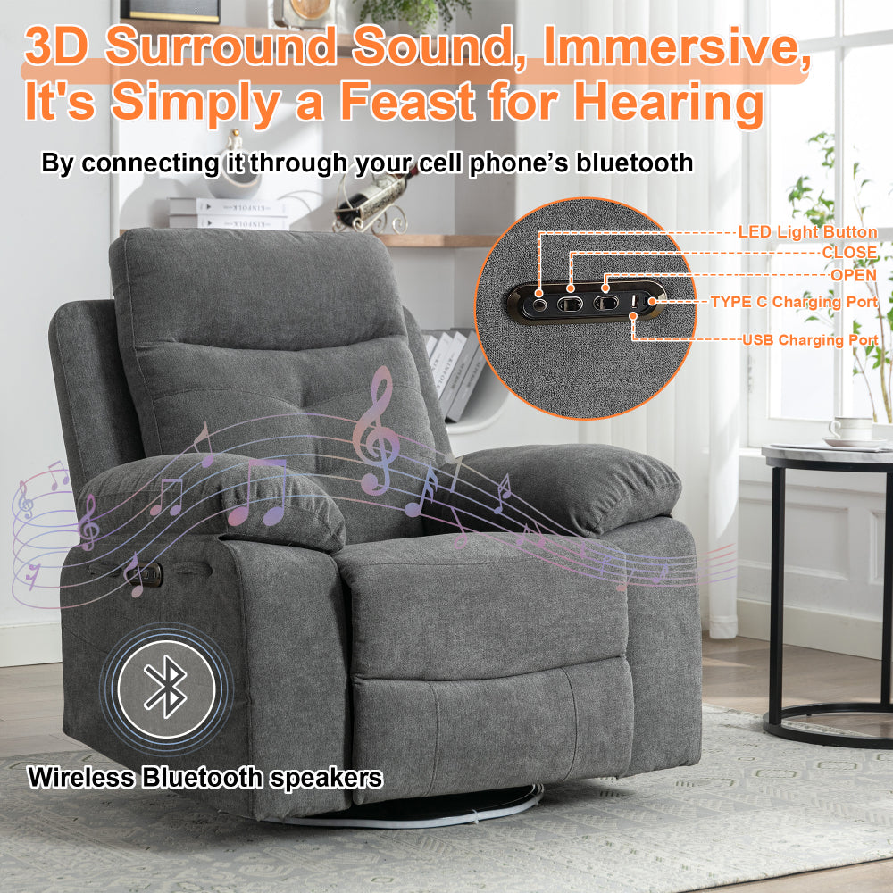 Power Recliner Glider Chair With Bluetooth Speaker 270 Degree Swivel With LED Light Side Arm With Storage Pockets USB+Type C Charging Port Button Control Retractable Footrest Adjustable Backrest DG