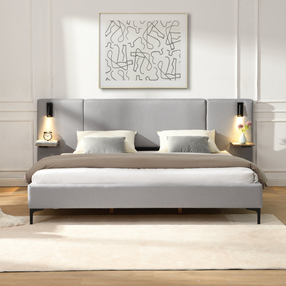 Chic Linen Upholstered Bed with Integrated Lights and Shelves, Grey, Queen