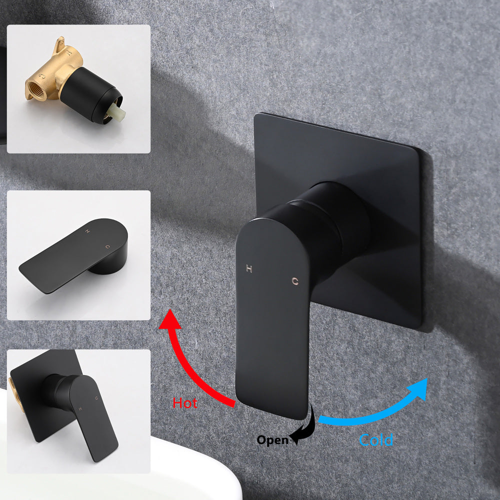 Matte Balck Wall Mount Bathroom Sink Faucet, Single Handle Bathtub Faucet with Waterfall Spout Brass Rough-in Valve Included