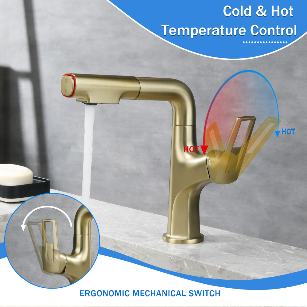 Brushed Gold Pull-Down Vessel Faucet - Single Hole Bathroom Sink Faucet with Lift Spout & Dual Spray Modes