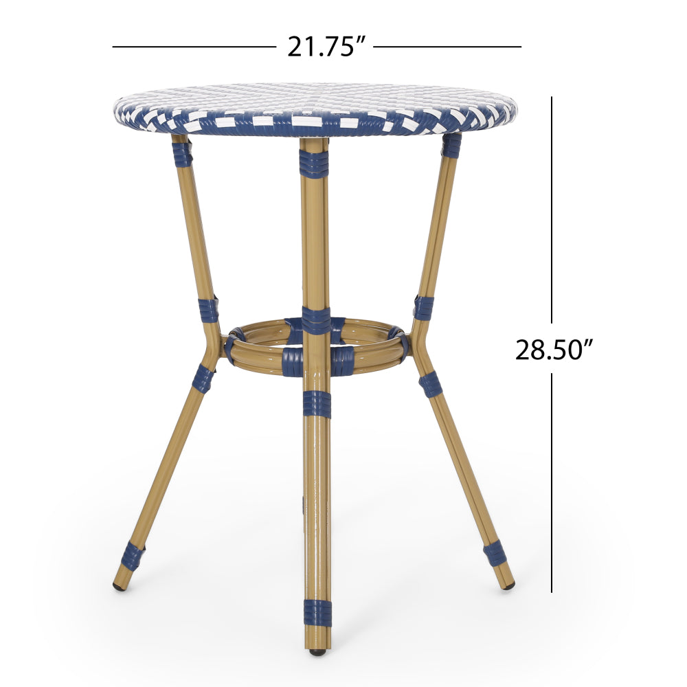 Outdoor Aluminum 3 Piece French Bistro Set, Navy Blue, White, with Bamboo Finish