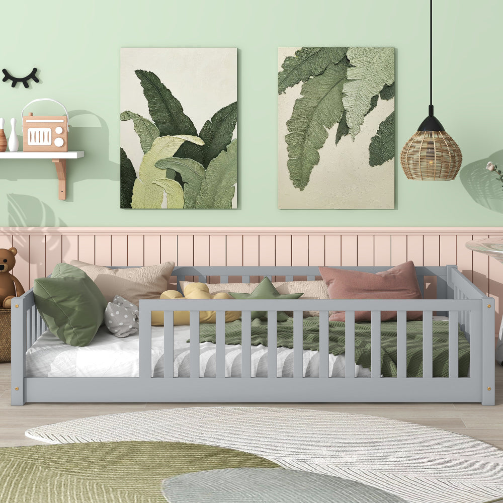 Twin Size Floor Bed with Fence without Door, Rubber Wood Floor Bed with Safety Guardrails,White