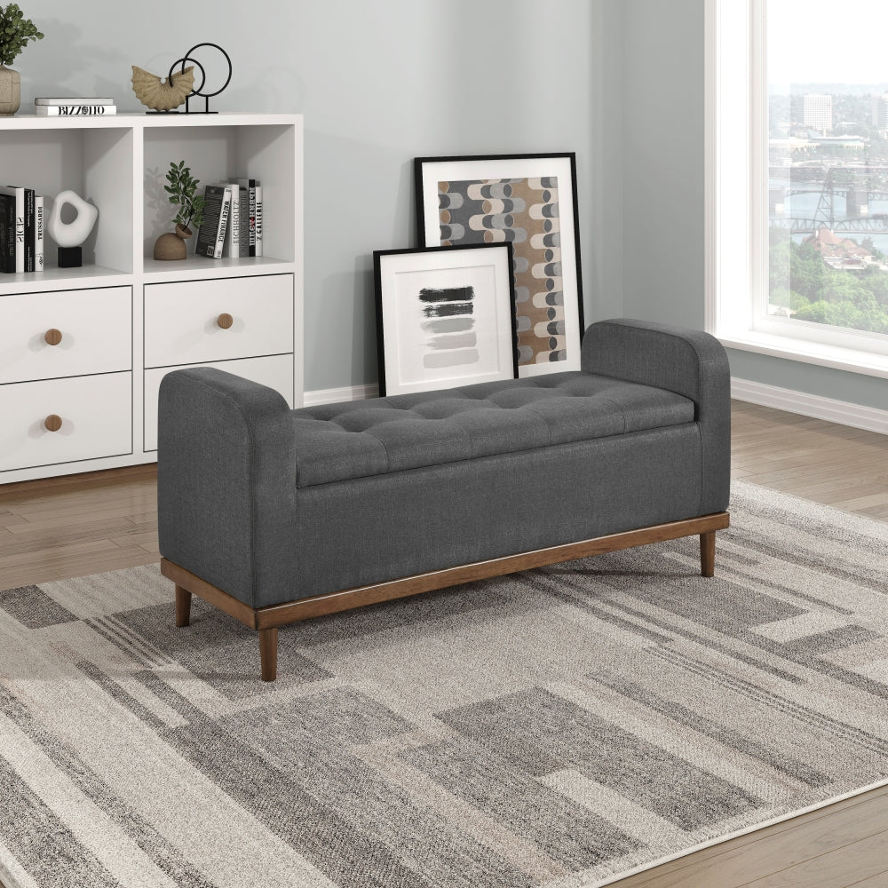 Mid-Century Modern Lift Top Storage Bench 1pc Tufted Blue Upholstered Solid Wood Walnut Finish Wooden Furniture