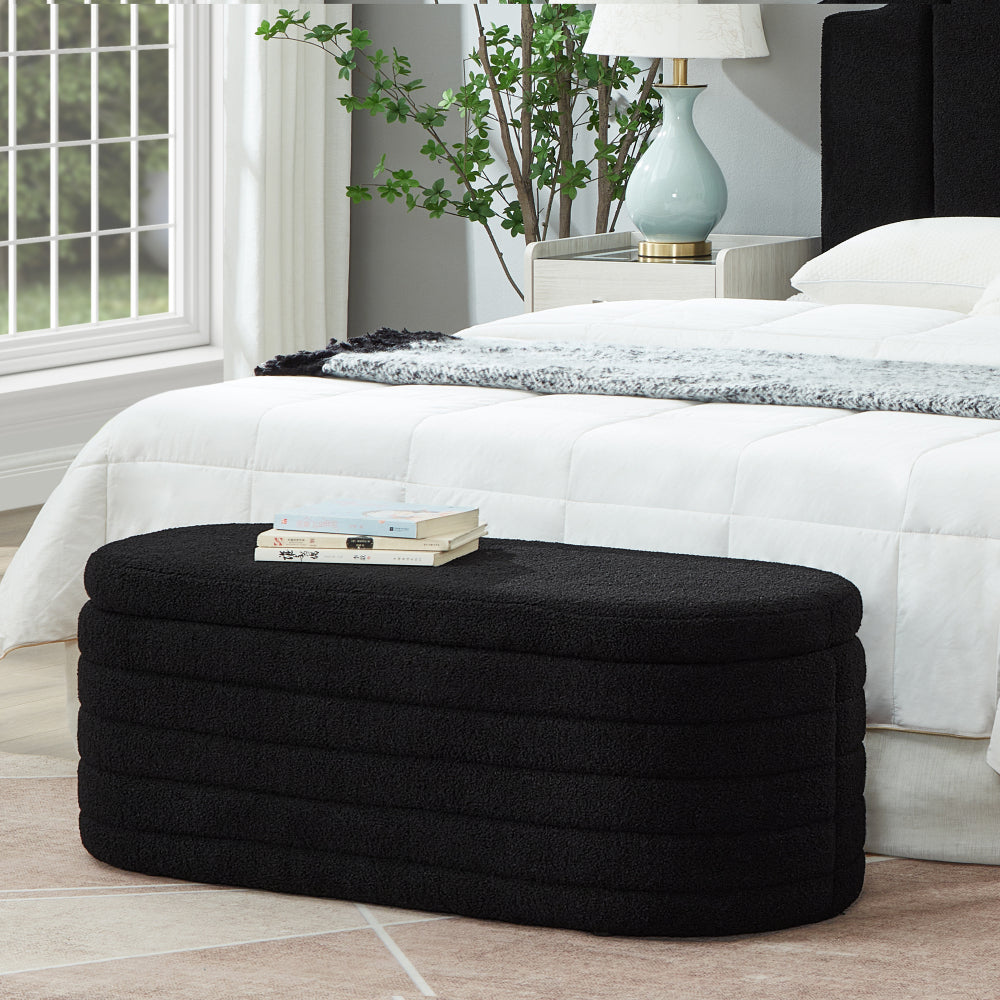 Modern Oval Storage Ottoman Bench, Upholstered Boucle Teddy Fabric End of Bed Bench with Storage, End of Bed Stool with Safety Hinge for Bedroom, Living Room, Entryway, Dark Green