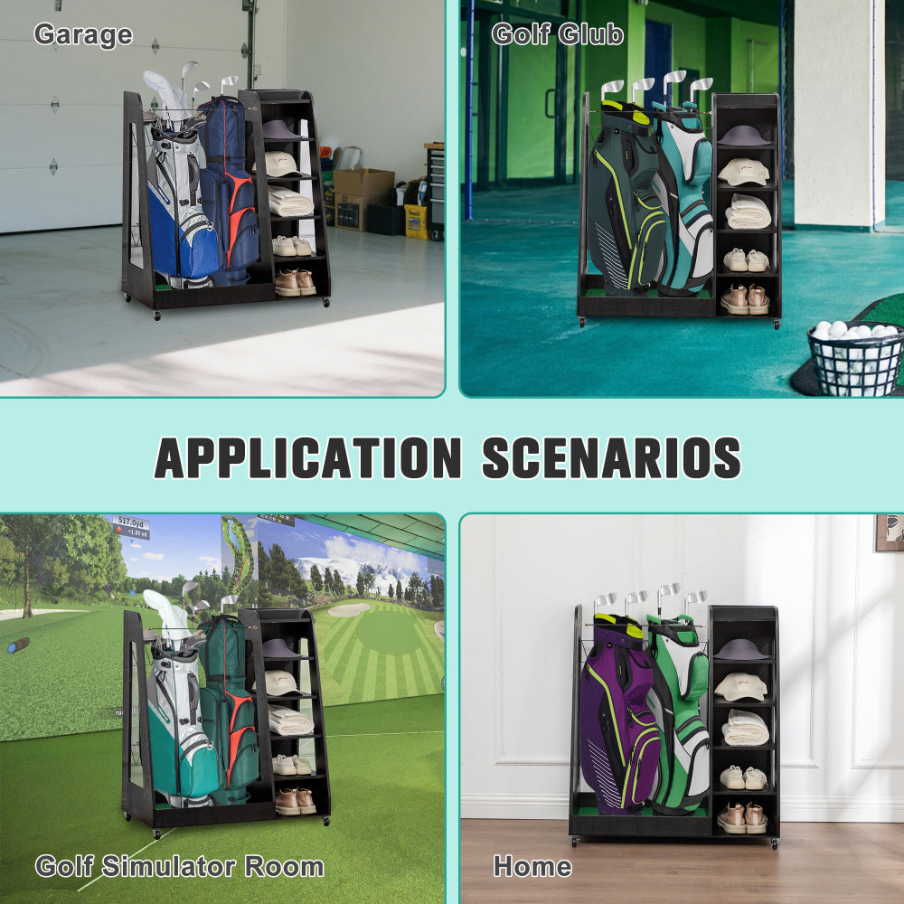 Golf Bag Organizer for Garage, Premium Wooden Golf Clubs Storage Rack Fit 2 Golf Bags, Golf Trunk Organizer for Car Garage Club Shed Basement,Black