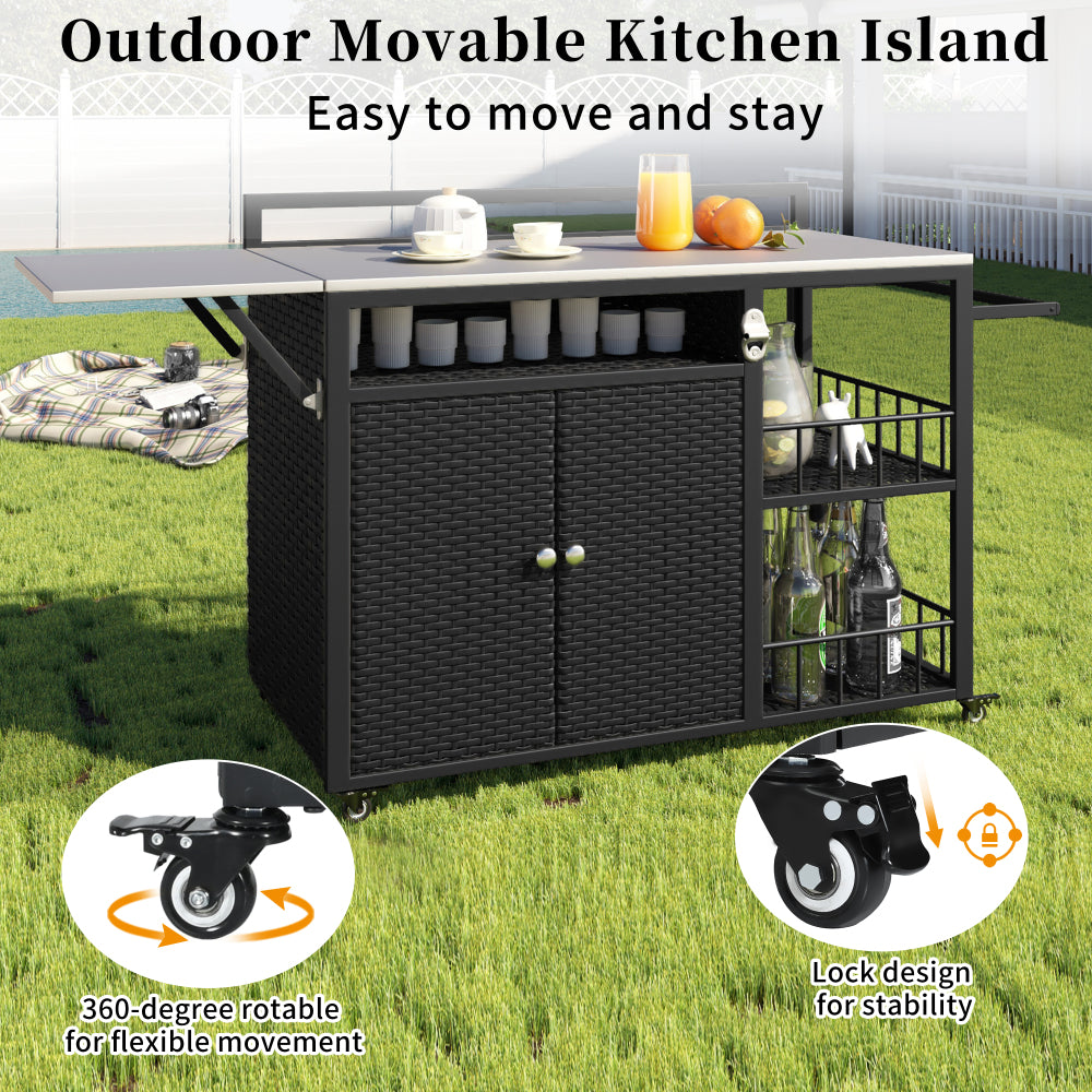 63.5" Outdoor Kitchen Island, Kitchen Storage Island, Cooking Station, Outdoor Grill Cart with Foldable Side Tabletop, Ample Storage Space, Bottle Opener for Outside BBQ, Patio, Backyard, Dark Brown