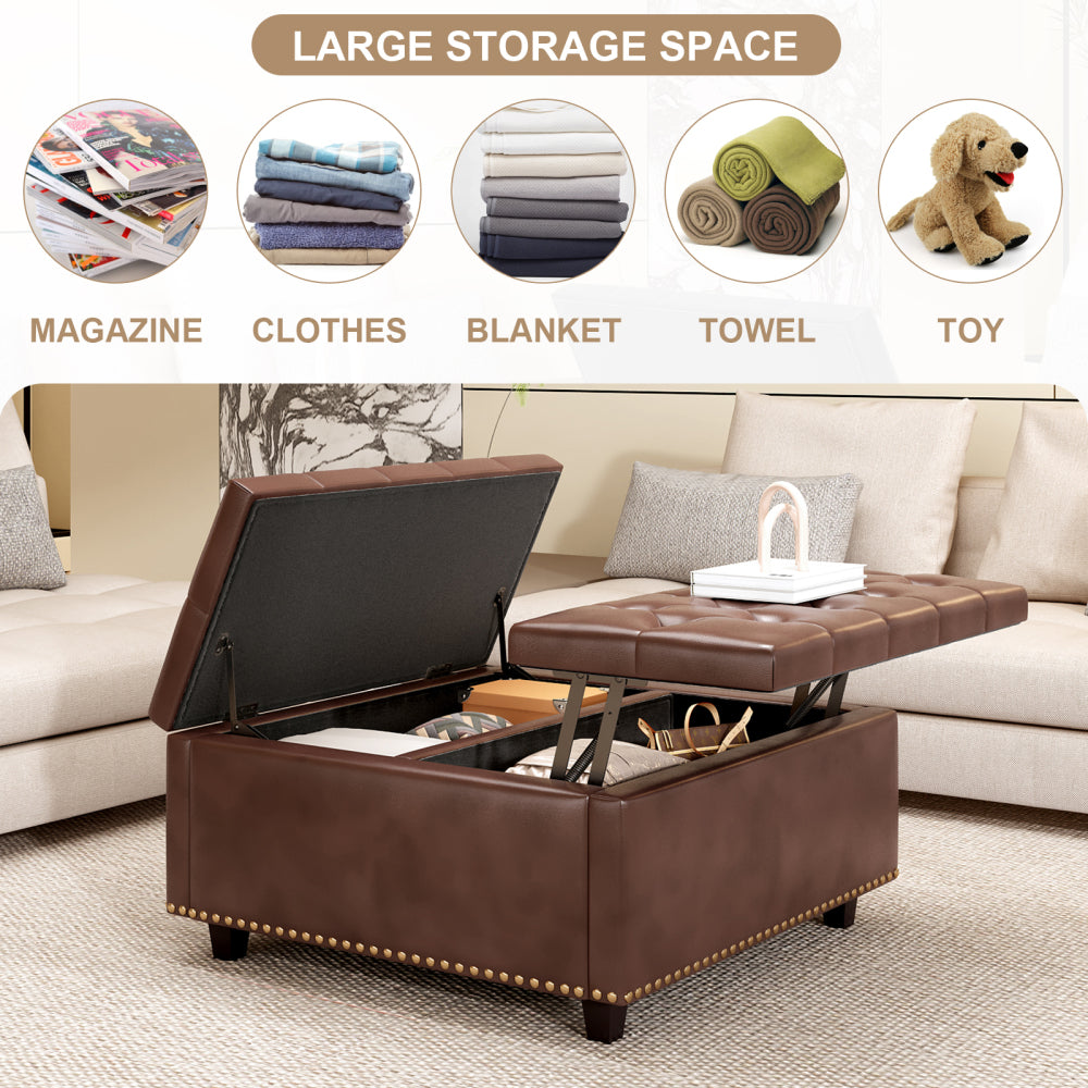 Large square storage stool with two storage doors, footstool for living room Mid-century modern coffee table with nailhead inlay, brown PU leather