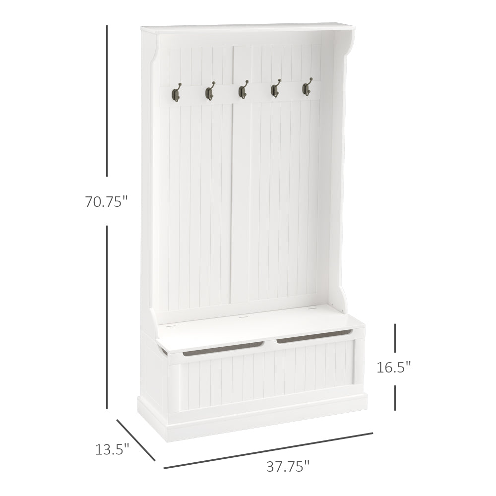 HOMCOM 38" 3-In-1 Entryway Hall Tree with Storage Bench, Coat Rack with Four Hooks and Shoe Storage, White