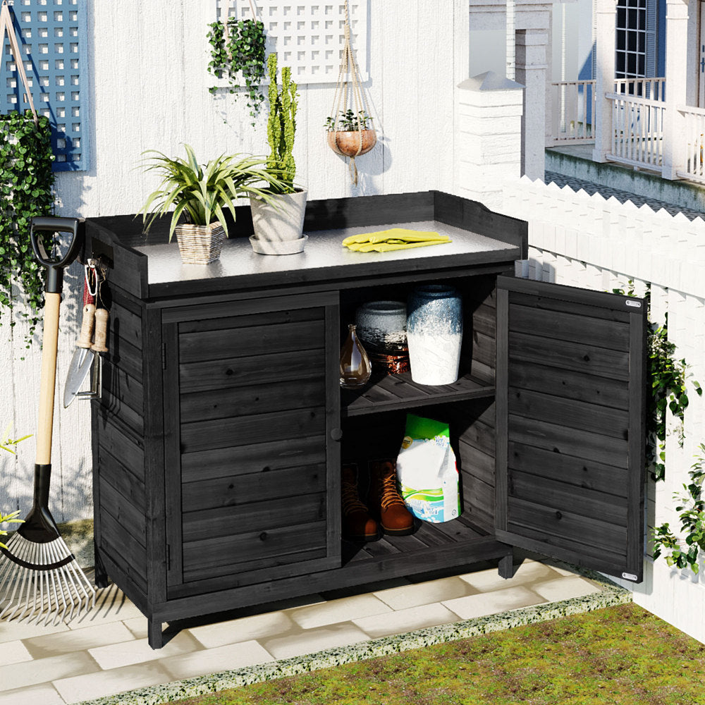 TOPMAX Outdoor 39" Potting Bench Table, Rustic Garden Wood Workstation Storage Cabinet Garden Shed with 2-Tier Shelves and Side Hook, Grey