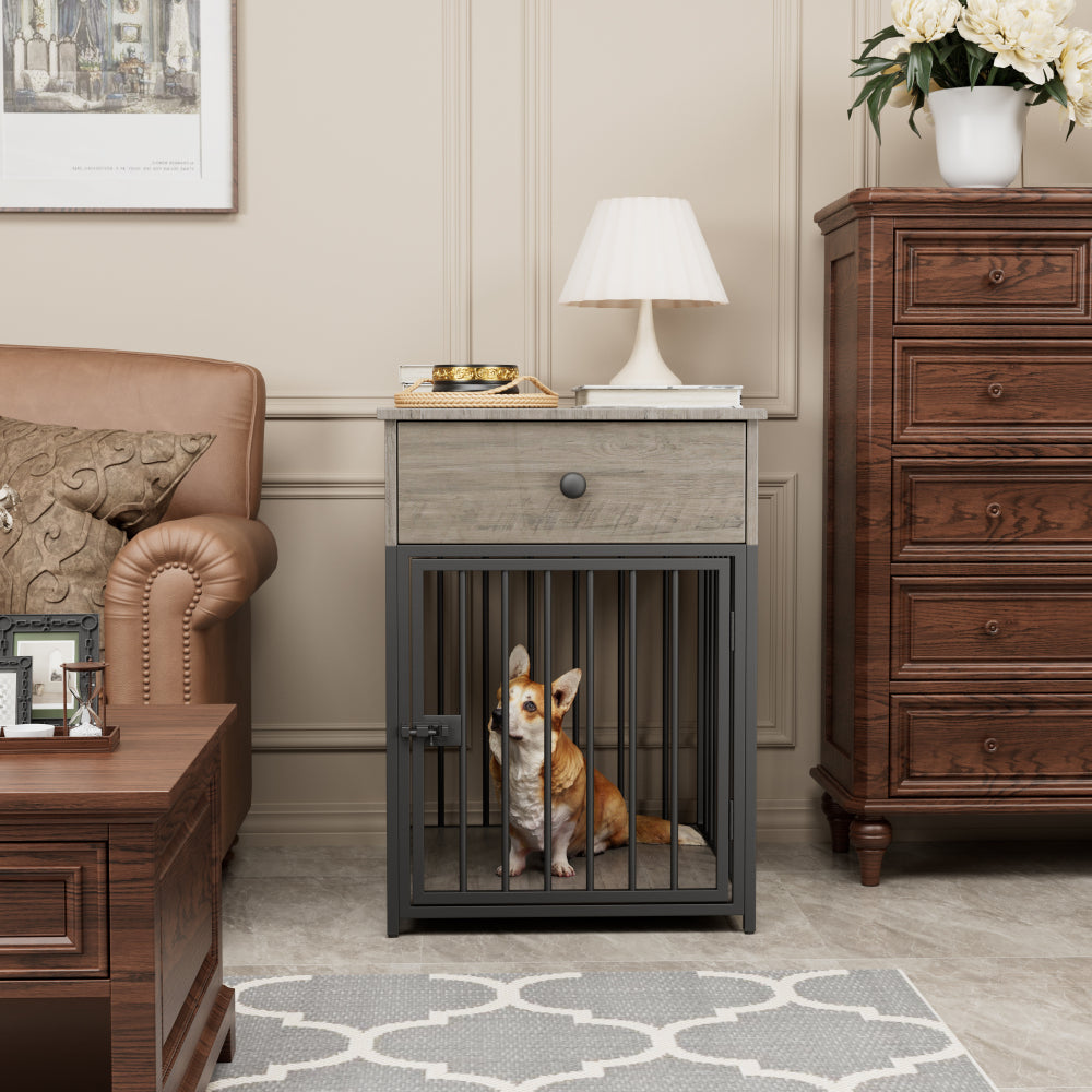 Dog Crate Furniture, Dog House, Decorative Dog Kennel with Drawer, Indoor Pet Crate End Table for Small Dog, Iron-Tube Dog Cage, Chew-Proof