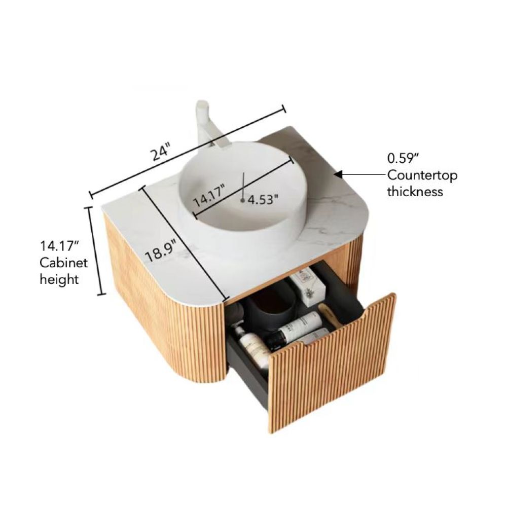 DINA 24" Bathroom Vanity with Sink, Wall-Mounted Floating Curved Edges Striped Bathroom Storage Cabinet with a Drawer, White Round Ceramic Basin without Faucet, Pre-assembled, Natural Woodgrain Color