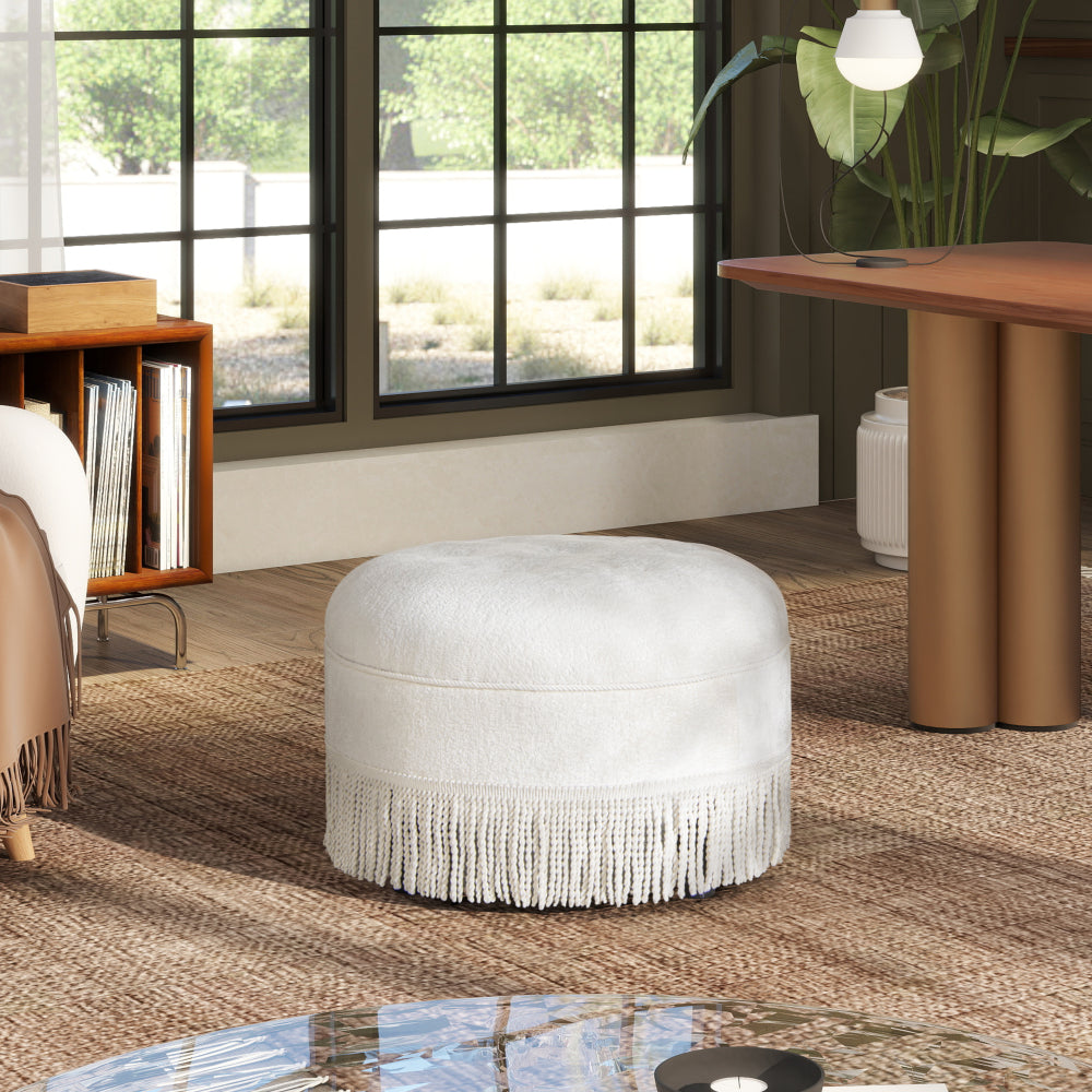 Yolanda 24" Round Upholstered Accent Ottoman, Peach Orange Velvet with Gold Trim