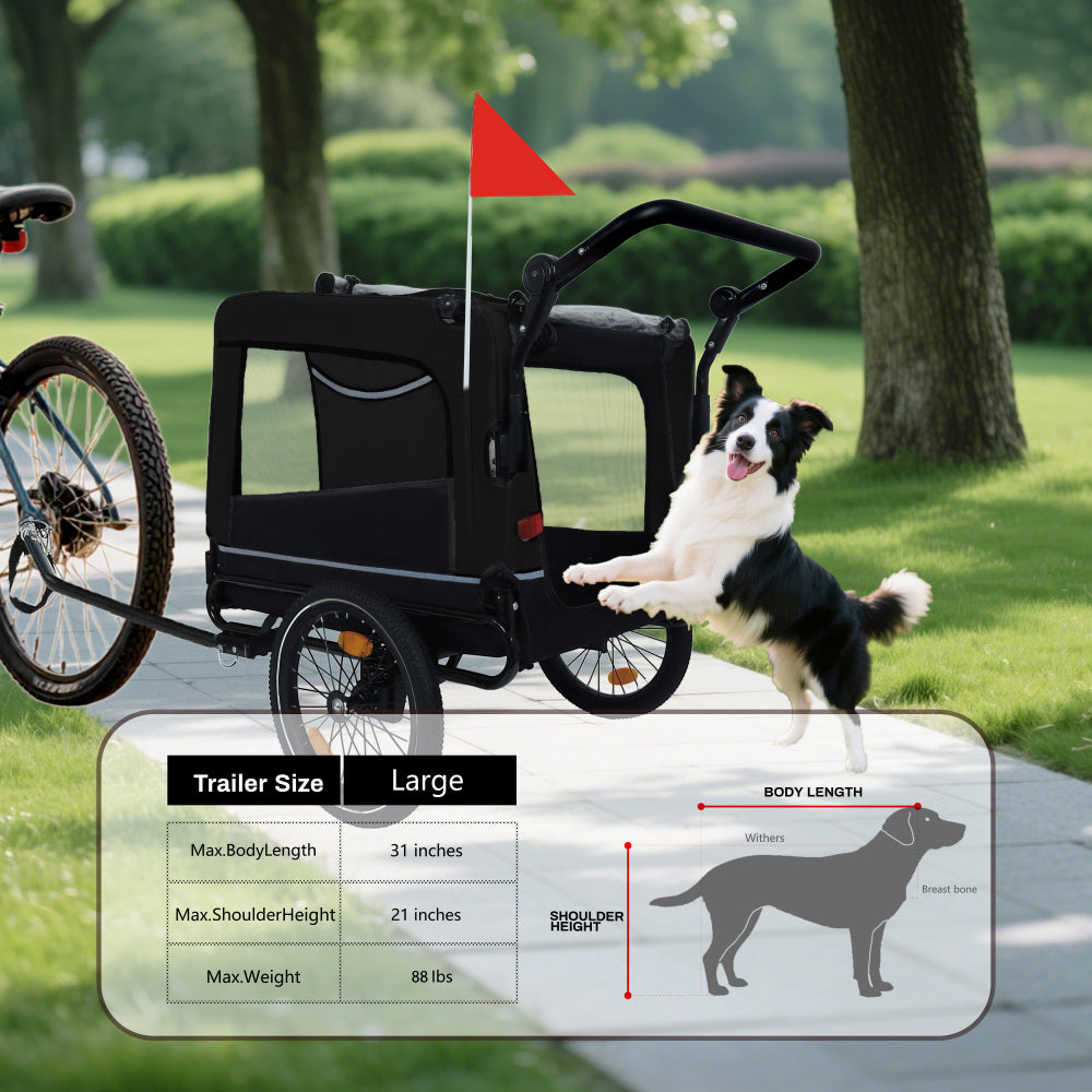 2-in-1 Bike Trailer & Push Cart for Pets - Detachable Bike Hitch & Push Handle Included - All-Terrain Wheels, Quick Release Wheel, Non-Slip Floor, Internal Leash, Holds Up to 88 lbs, Black