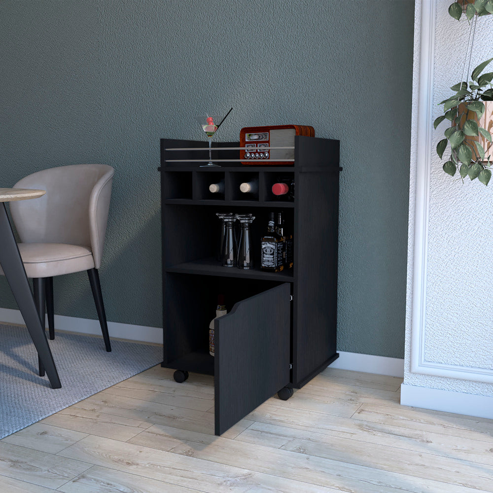 FM FURNITURE Crozier Bart Cart, with 1 shelf, 1 door and four built-in wine rack,black