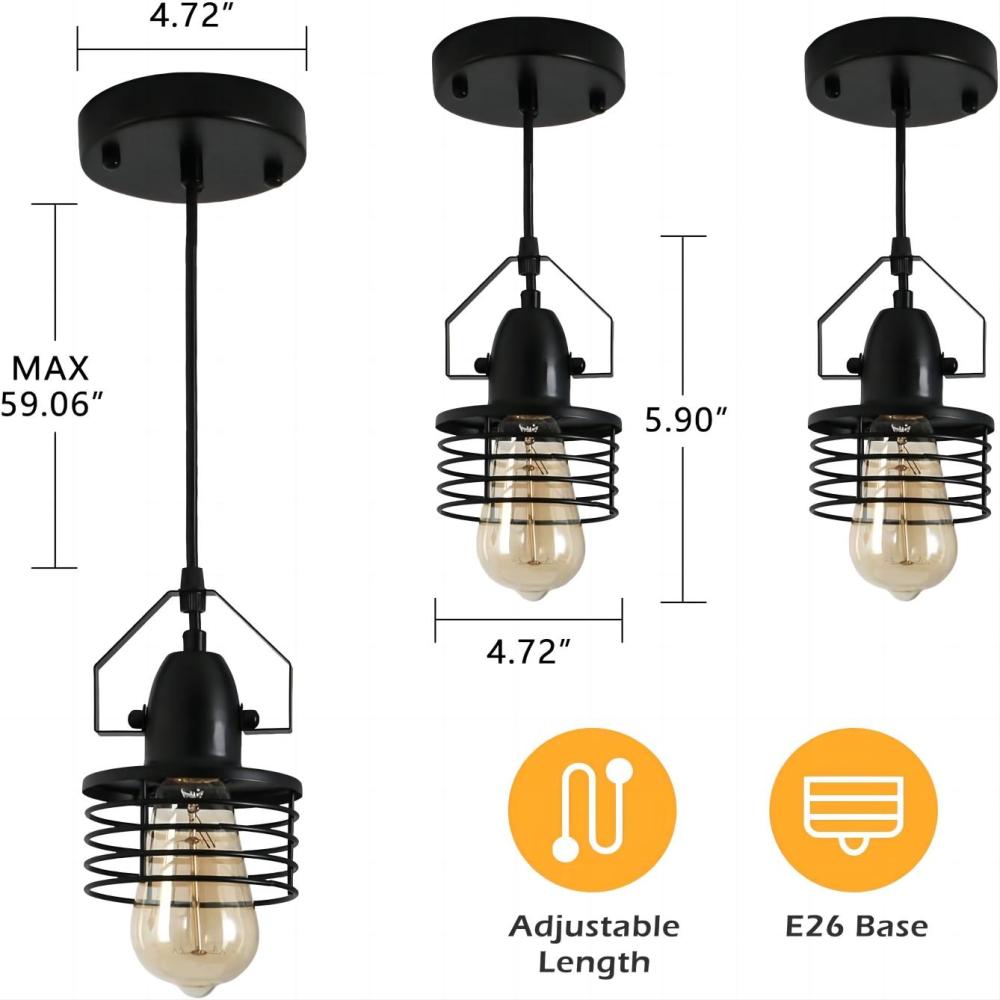Industrial Black Pendant Light Metal Cage Pendant Lights Dining Room Hanging Lighting for Kitchen Island Living Room Bedroom Entryy Barn Farmhouse,Spring Shade,E26 Bulb(1 Light)