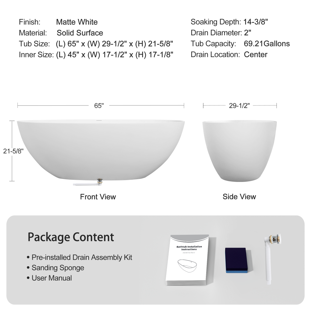 65" Freestanding Solid Surface Bathtub, Luxury Handcrafted Stone Resin Freestanding Soaking Bathtub with Overflow and Pop-up Drain, Matte White 24S06-65MW