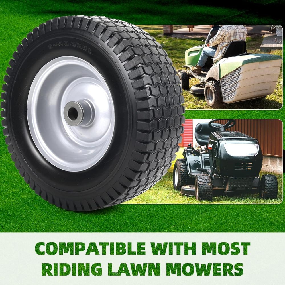 (4-Pack) 13x5.00-6 Flat Free Tire and Wheel Assemblies - Compatible for 13x5-6 Solid Rubbe Riding Lawn Mower Wheels and Tires - With 3" Centered Hub and 3/4" Bushings (Extra 5/8" Bushings)