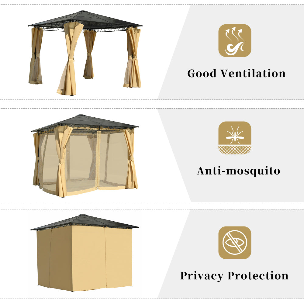 TREXM 10'x10' Hardtop Outdoor Gazebo with Polycarbonate Roof, Patio Gazebo with Aluminum Frame, Mosquito Netting and Privacy Screens for Shade and Rain, Backyard Tent for Backyard, Garden, Lawn(Beige)