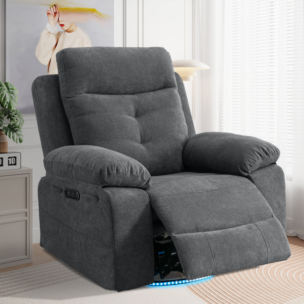 Power Recliner Glider Chair With Bluetooth Speaker 270 Degree Swivel With LED Light Side Arm With Storage Pockets USB+Type C Charging Port Button Control Retractable Footrest Adjustable Backrest DG