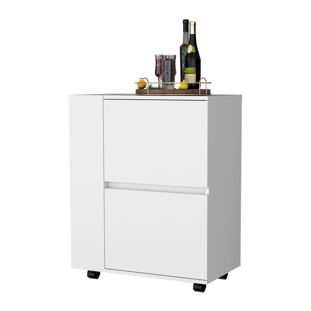 FM FURNITURE Logan Bar Cart with Two Cabinets and Open Shelves, White