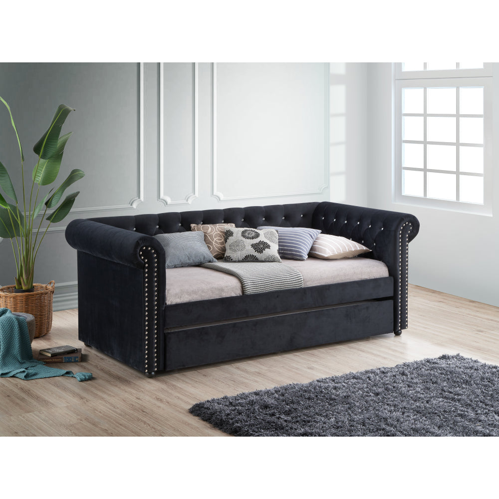 Luxurious 1pc Modern Aesthetic Beautifully Button Tufted Nailhead Trim Design Daybed Built-in pull-out Trundle Bed Living Space Guest Room Bedroom Dove Gray