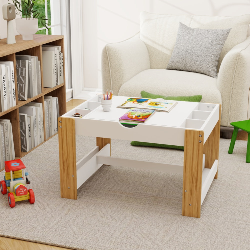 Kids 2 in 1 Play Table with 7 Storage Compartments,Compatible with LEGO Building Block,Modern Activity Learning Table Game Furniture-White