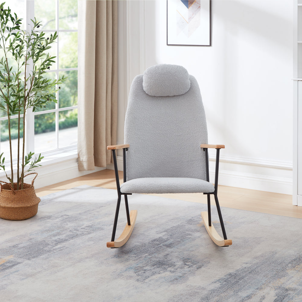 Adjustable Headrest Pillow Rocking Chair, Teddy Fabric Upholstered Glider Rocker with High Backrest, Modern Rocking Accent Chairs Comfy Side Chair for Nursery, Bedroom, Living Room (Light Grey)