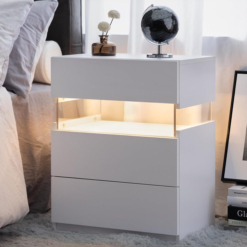 LED Nightstands 3 Drawer Dresser for Bedroom End Table with Acrylic Board LED Bedside Tables for Bedroom Living Room Bedside Furniture (Black)