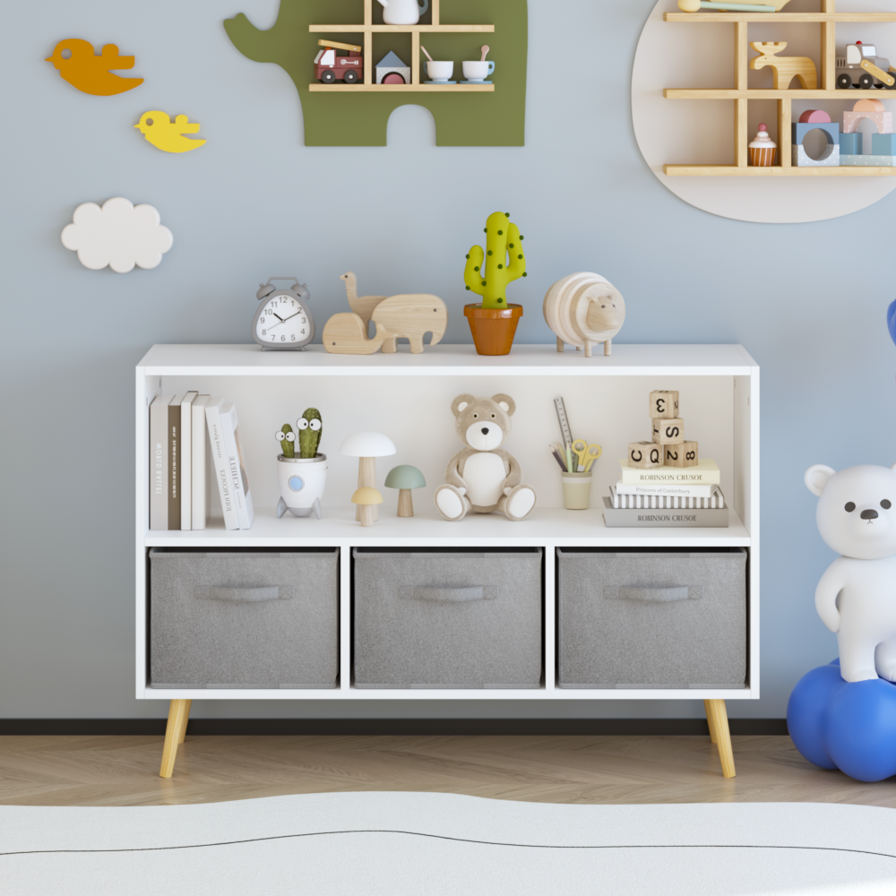 Kids bookcase with Collapsible Fabric Drawers, Children's Book Display, Toy Storage Cabinet Organizer, White/Gray