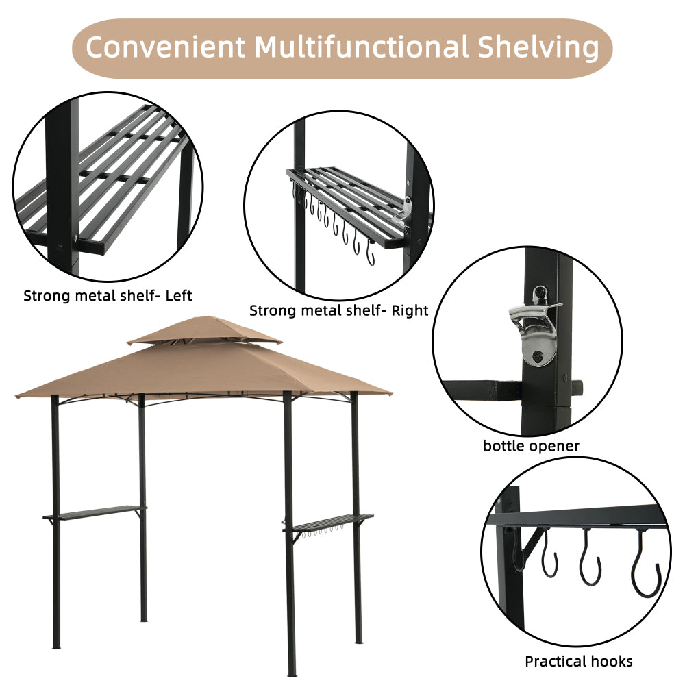 Outdoor Grill Gazebo 8 x 5 Ft, Shelter Tent, Double Tier Soft Top Canopy and Steel Frame with hook and Bar Counters,Khaki