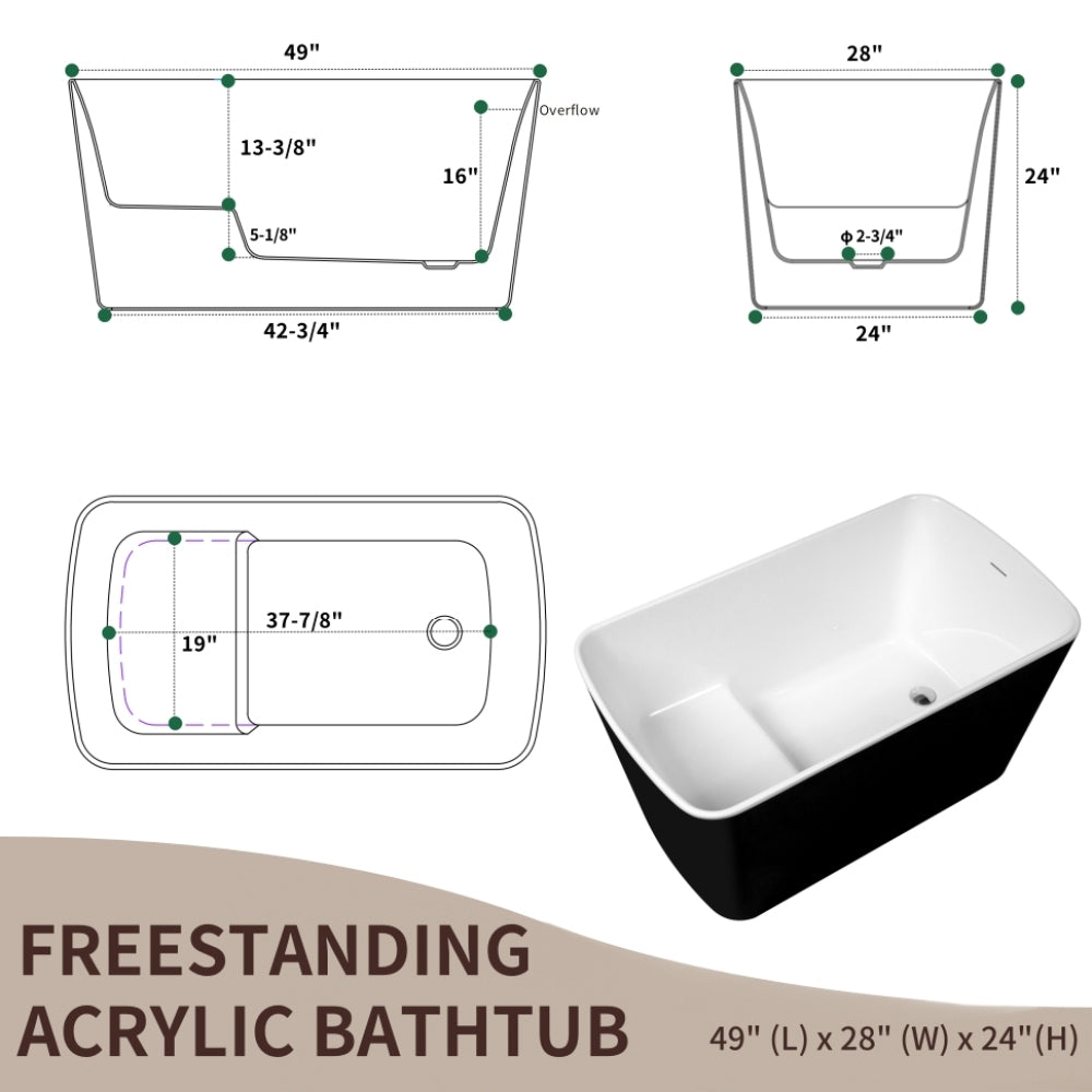 49'' x 28'' Acrylic Freestanding Soaking Bathtub, Square-shape Japanese Soaking Hot Tub, Sit-In Design with Chrome Overflow and Drain, Available for Express Delivery, Glossy Black 23AMA-49B