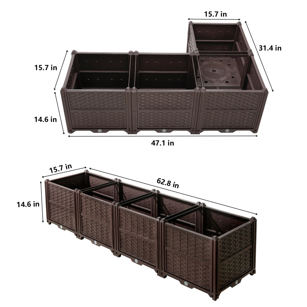 Indoor and outdoor rectangular plastic planting box; planting kit for fresh vegetables, herbs, flowers, and succulents; brown