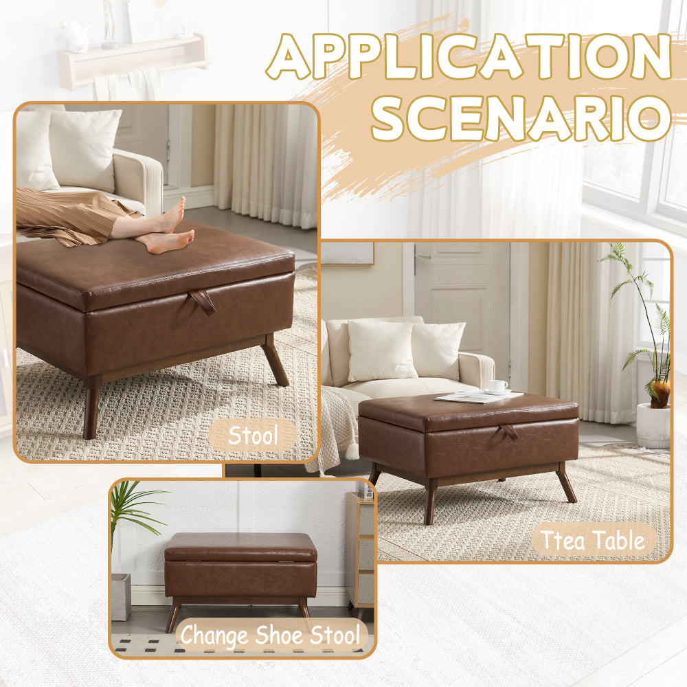 Mid-century modern square coffee table storage bench, assembled, suitable for living room, entryway and family room, used as a coffee table, stirrups, shoe bench