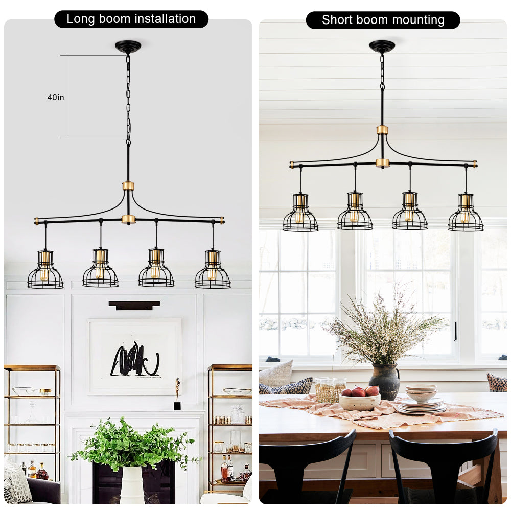 Dining Room Light Fixture/Chandelier Over Table, 40-Inch Hanging for Farmhouse Linear Chandeliers,4-Light Kitchen Island Lighting,Matte Black and Matte Gold Ceiling Chandelier,with Metal lampshade