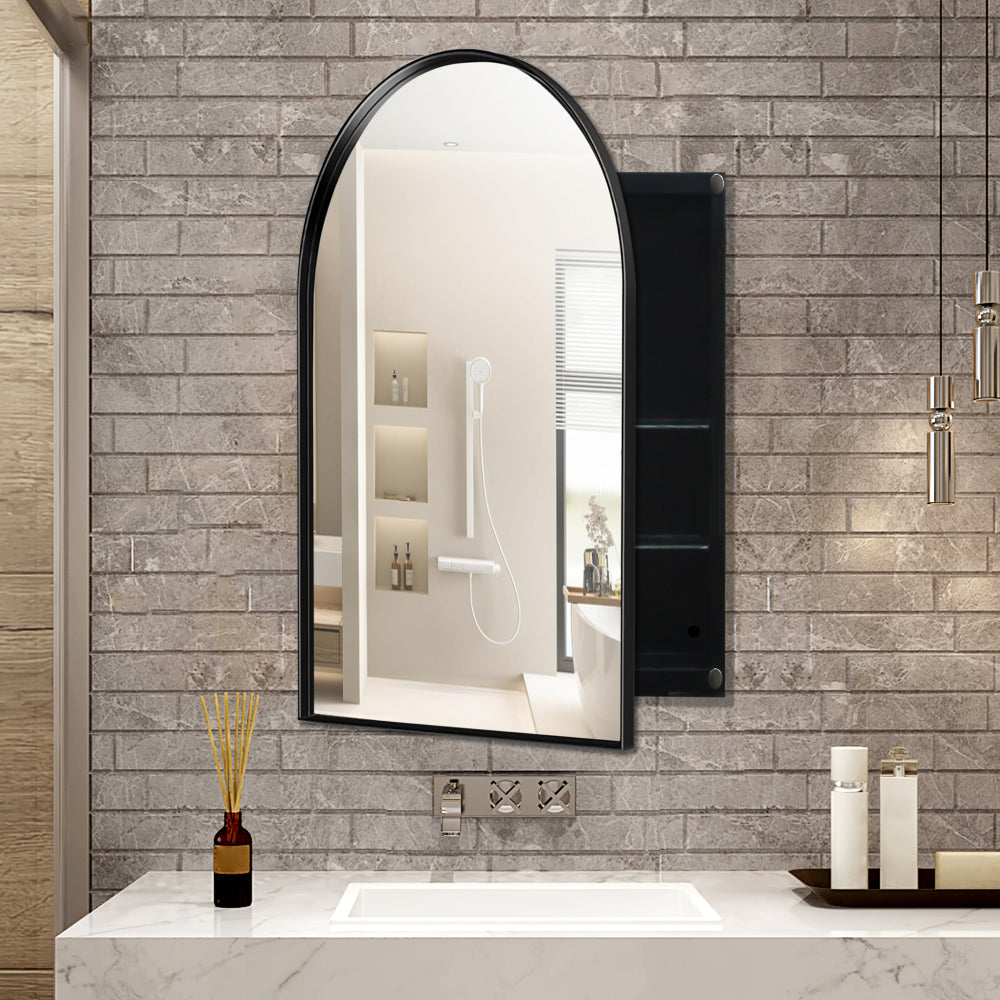 31.5 Inch Surface Mount Round Metal Framed Medicine Cabinet with Mirror and Adjustable Shelves Black Wall Mirror with Storage for Bathroom, Matte Gold