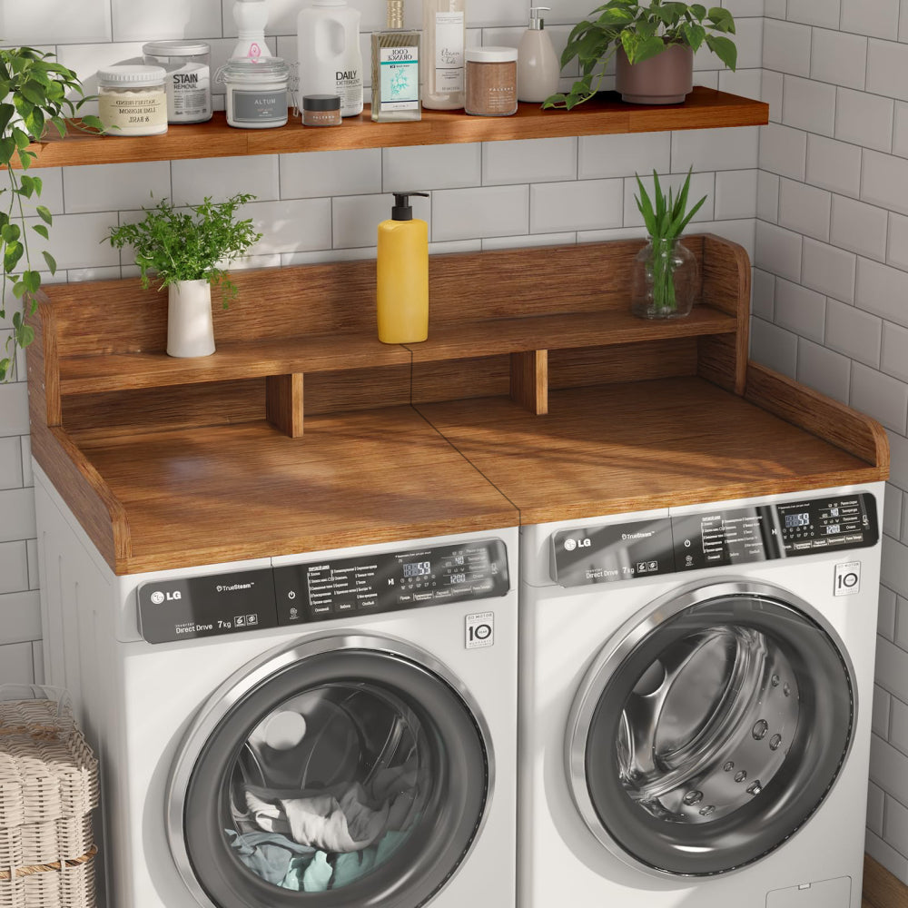 Washer Dryer Countertop with Non-slip Pads, Laundry Wood Shelf Topper with Edge, 54" Width x 27.5" Depth Double Layer Organizer for Washer and Dryer Laundry Hamper Counter Storage Organization(WALNUT)