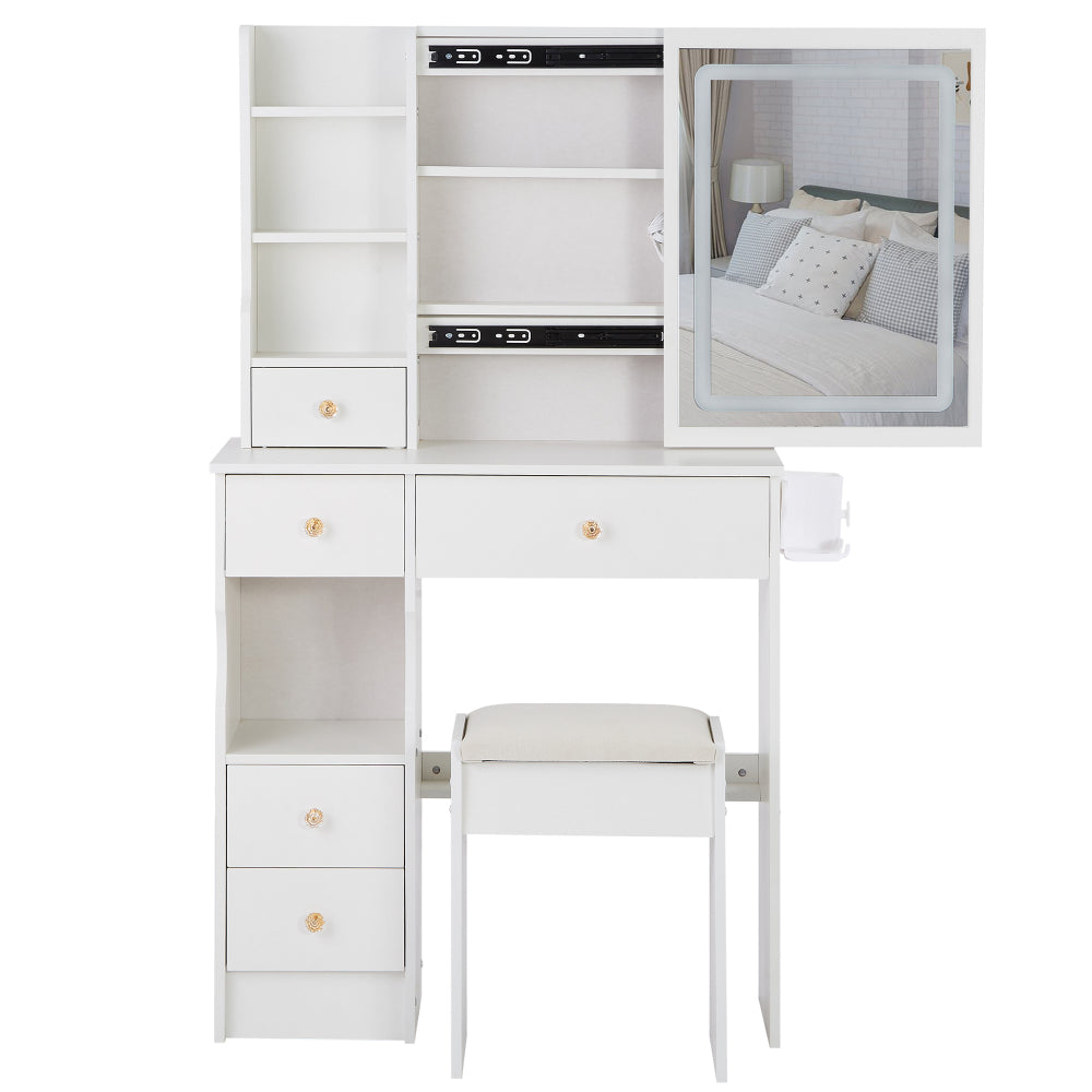 29.2" Small Size Left Drawer Desktop Vanity Table + Cushioned Stool, 2 AC+2 USB Power Station, Hair dryer bracket, Extra Large Touch Control Sliding LED Mirror, Tri-color Switching, Brightness Adjust