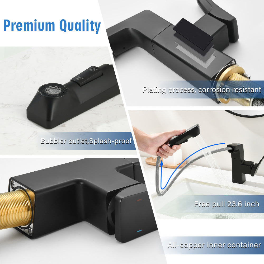 Matte Black Smart LED Bathroom Faucet - Temperature Digital Display, Pull Down Sprayer for RV and Home Sinks