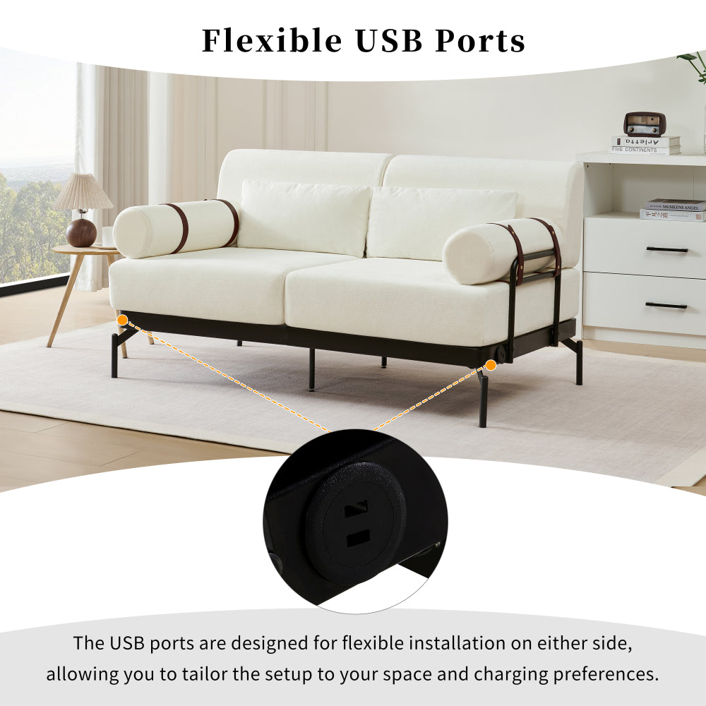 Modern Loveseat Sofa 59" Sofa Couch 2-Seater Sofa with Flexible USB Ports , Unique Cylindrical Armrests for Living Room, Beige