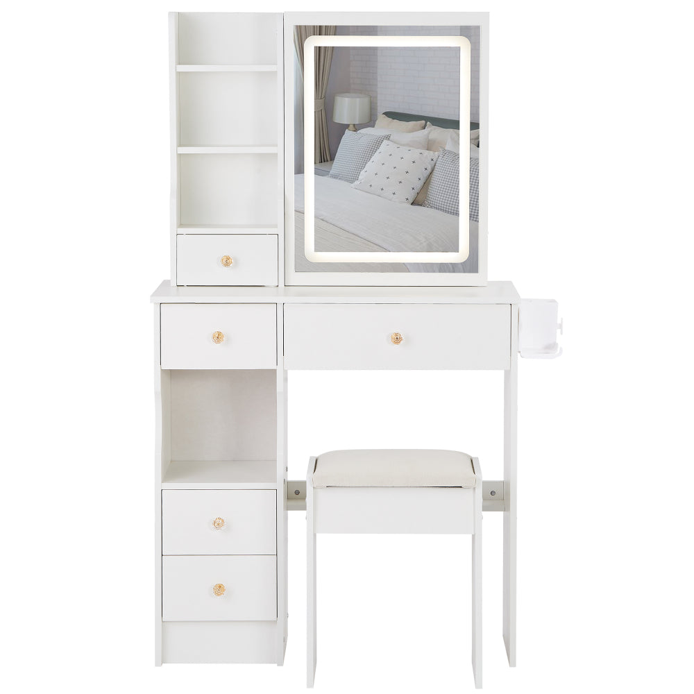 29.2" Small Size Left Drawer Desktop Vanity Table + Cushioned Stool, 2 AC+2 USB Power Station, Hair dryer bracket, Extra Large Touch Control Sliding LED Mirror, Tri-color Switching, Brightness Adjust