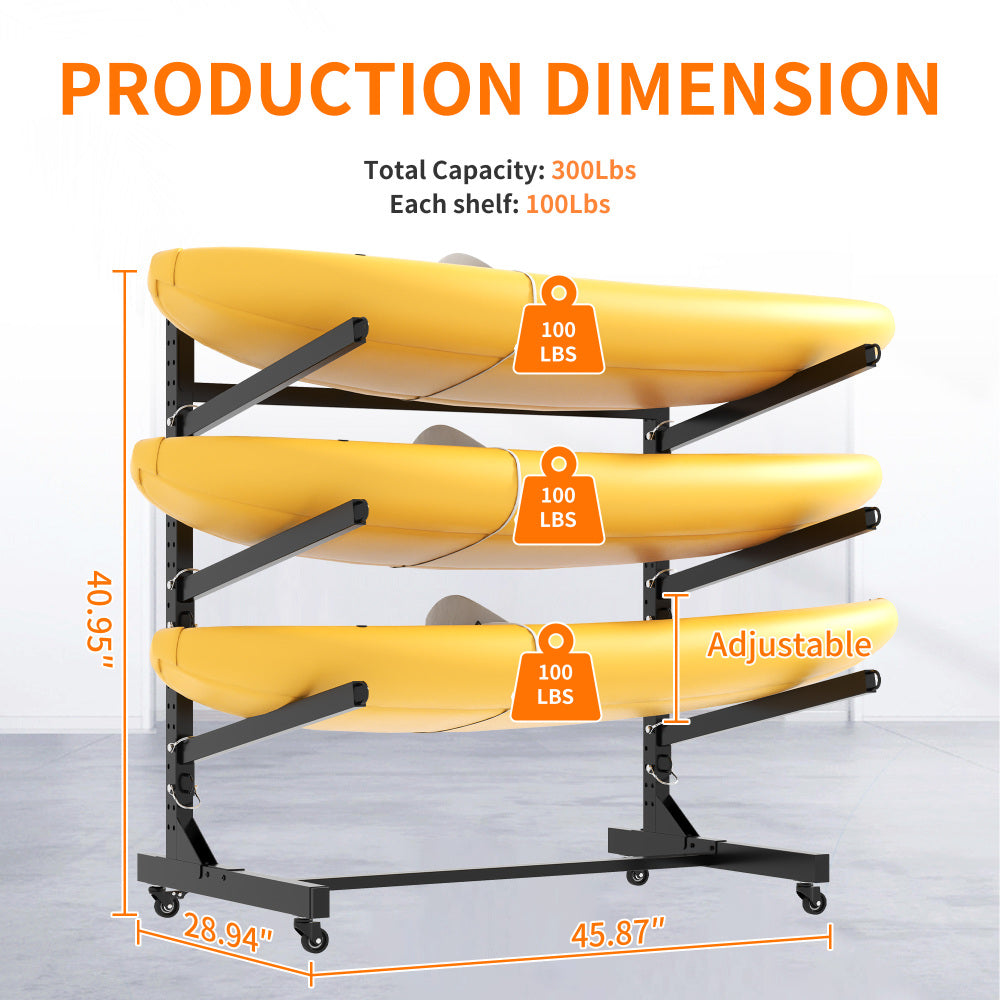 41"H Freestanding Kayak Storage Rack – Holds 3 Kayaks, Heavy-Duty Adjustable Stand with Lockable Wheels for Kayak, Canoe, SUP & Surfboard, 45.87"W*28.94"D*41"H