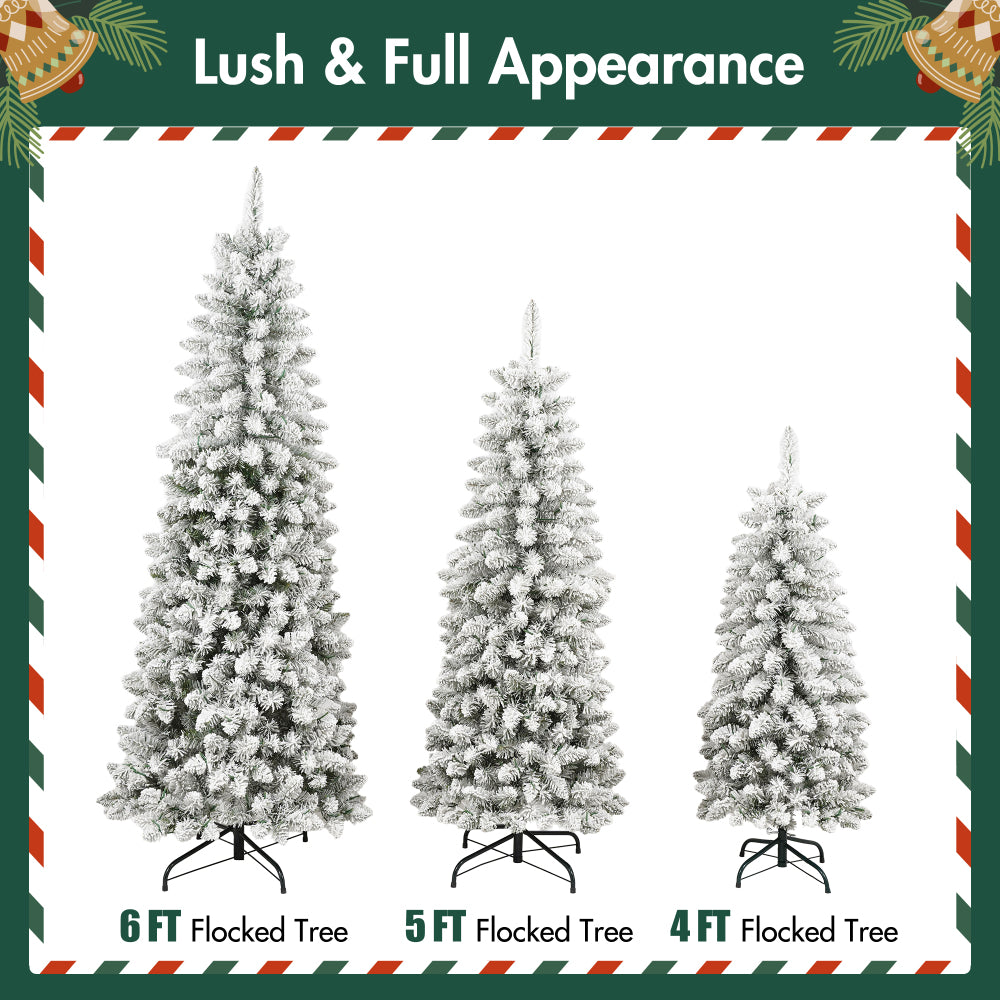 3 Pcs Flocked Artificial Christmas Tree Set with Lights, 4ft 5ft 6ft Christmas Snow Tree Set, Christmas Decor