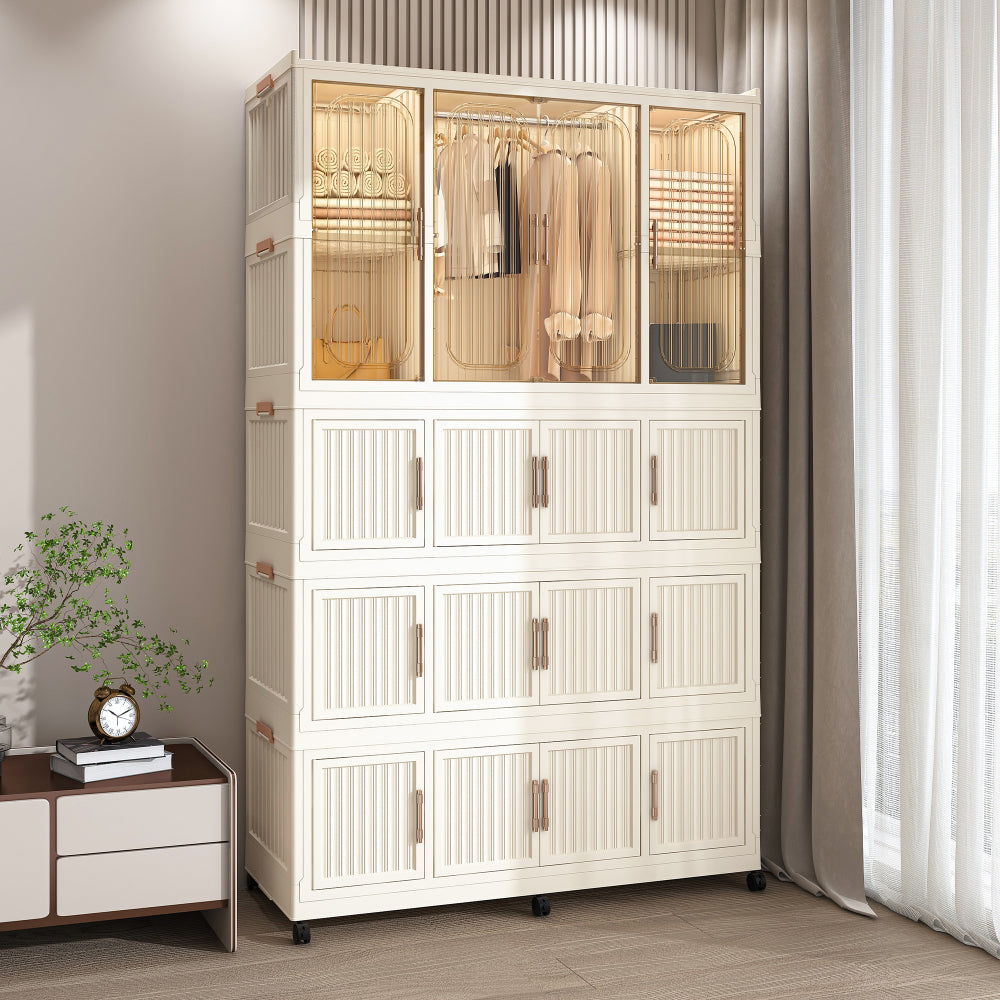 Portable Wardrobe Closet Storage Organizer for Clothes,Clothes Dresser,17 Magnetic Doors-17 Cubes & 1 Hanging Rod,6 pcs hangers , Baby Wardrobe Storage Cabinet,White